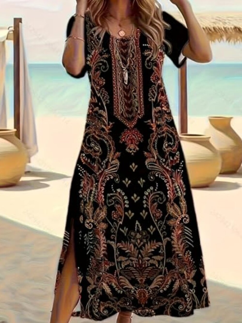 Round Neck Short Sleeve Boho Midi Dress
